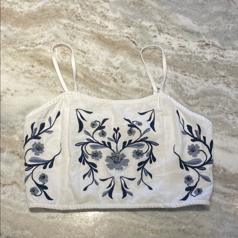 Midnight Sky Blue Floral Embroidered Camisole in White and Blue Cinched Back